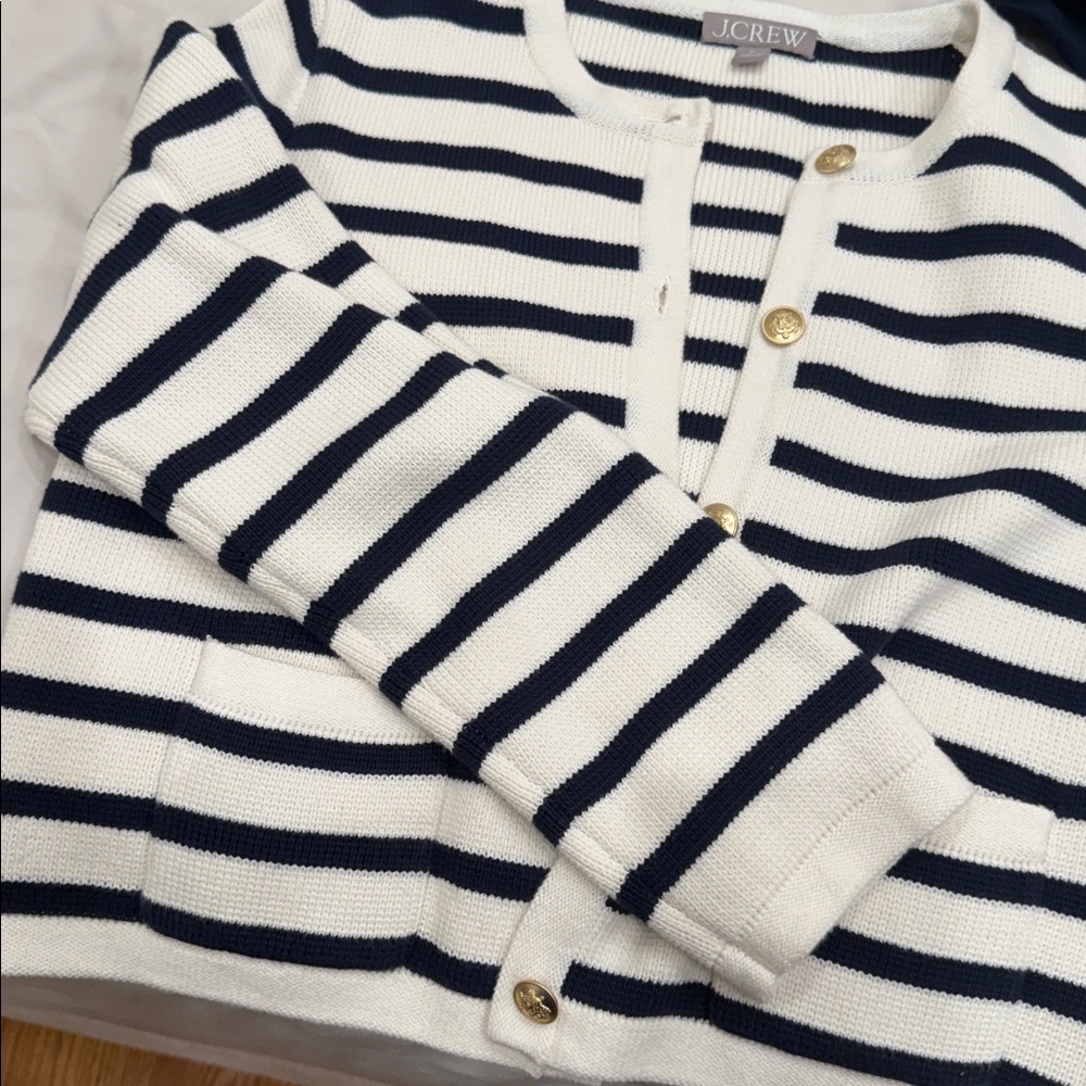 J. Crew Navy and White Striped Cardigan Blazer